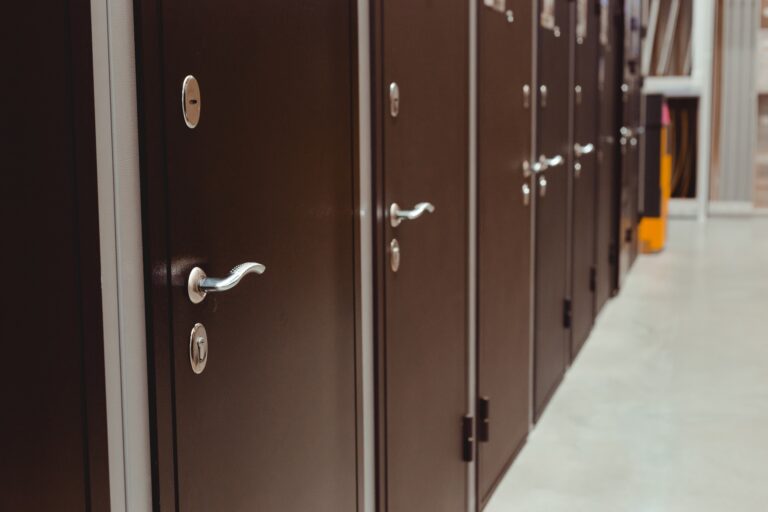 Exterior door samples at a door showroom or hardware store